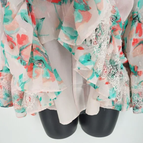 Kaari Blue Sz L Multi Pink Floral Santorini 3/4 Sleeve Ruffle Front Tie Top Lace - Picture 6 of 13